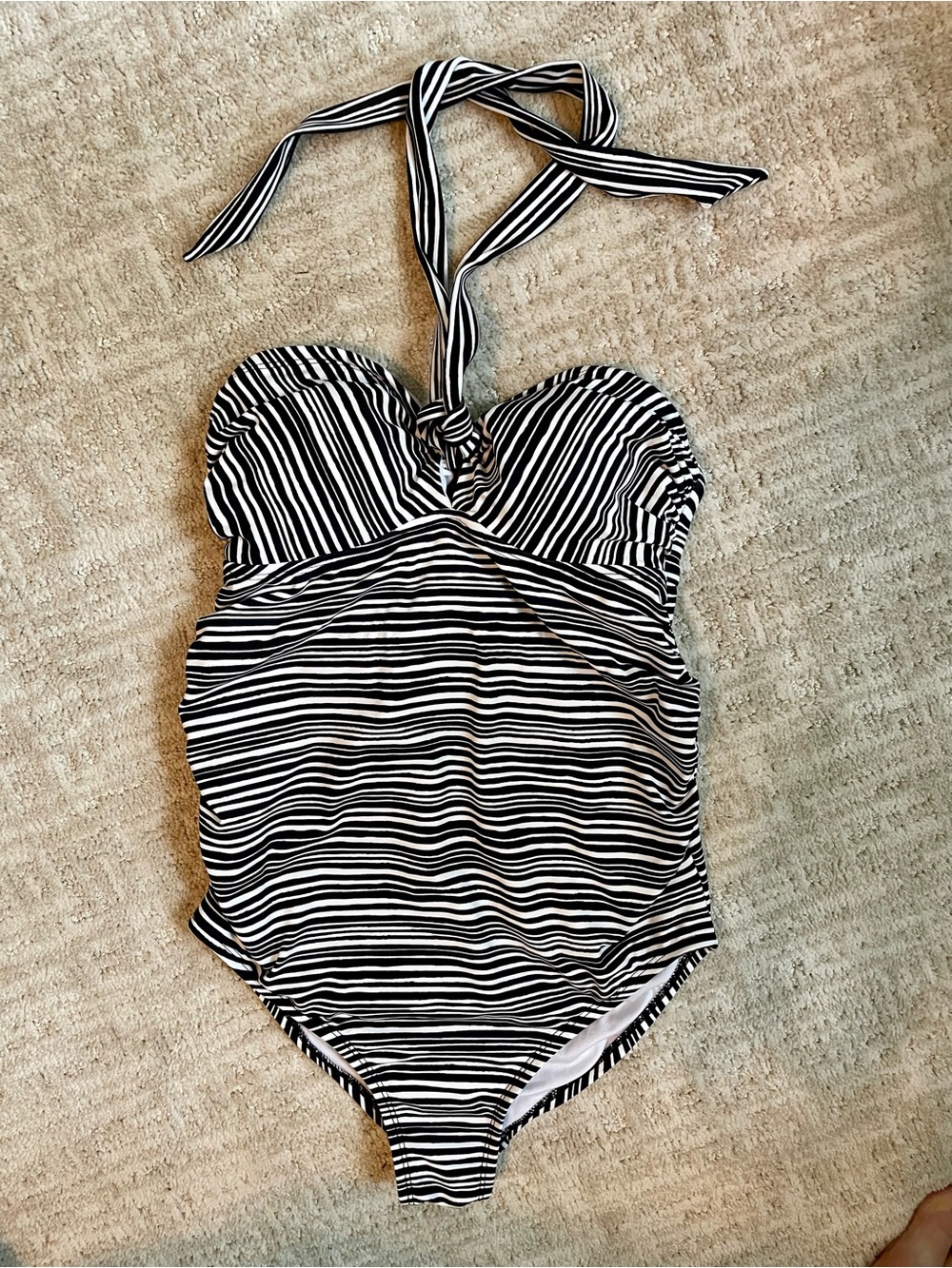 Isabel Maternity Black and White Striped Halter Maternity Swimsuit